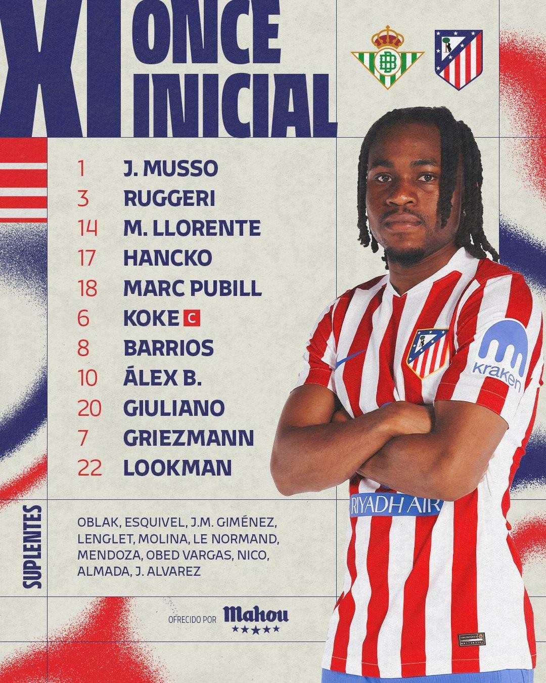 必发-国王杯客战贝蒂斯首发，卢克曼迎来马竞生涯首秀